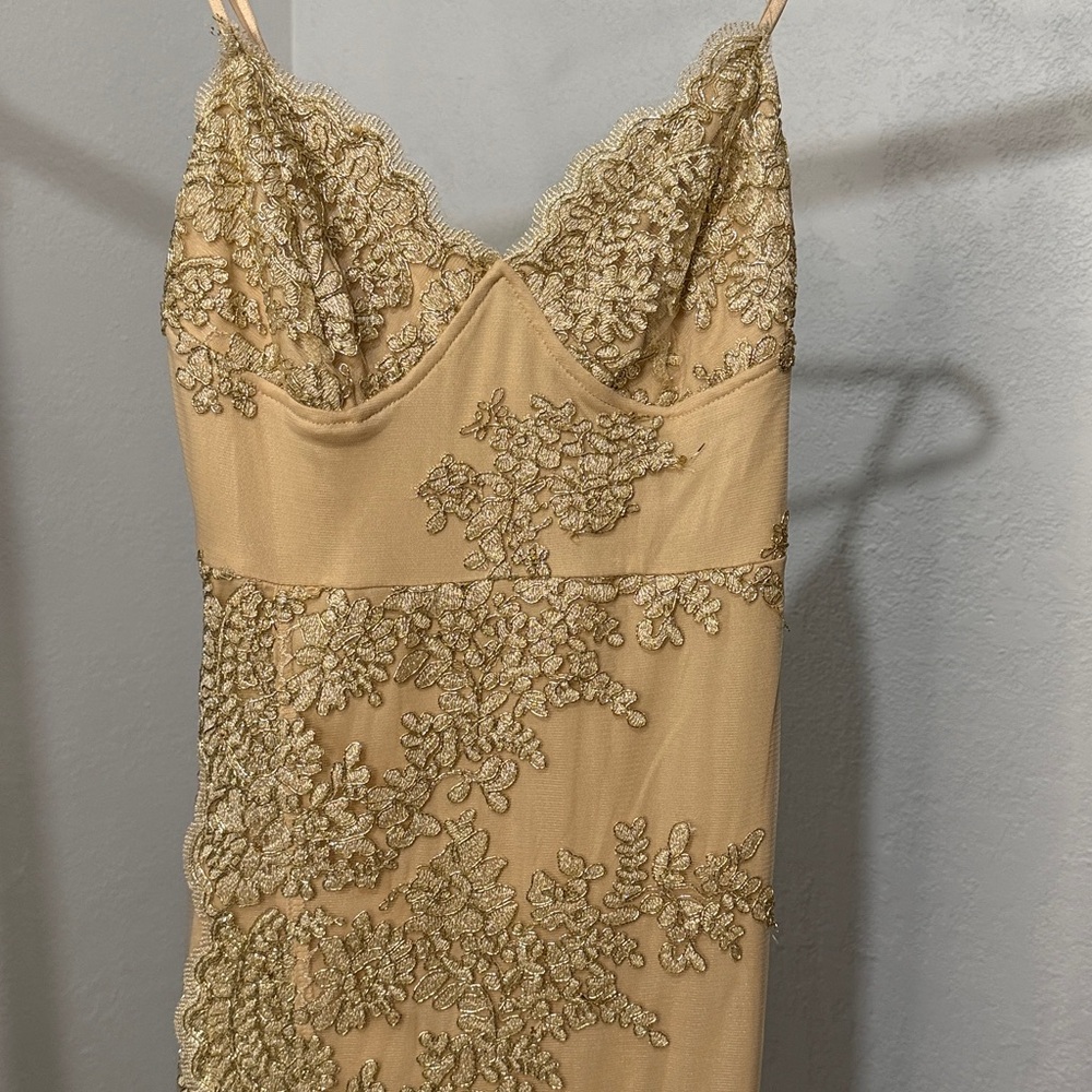 Gold and Nude dress with a side split on the leg